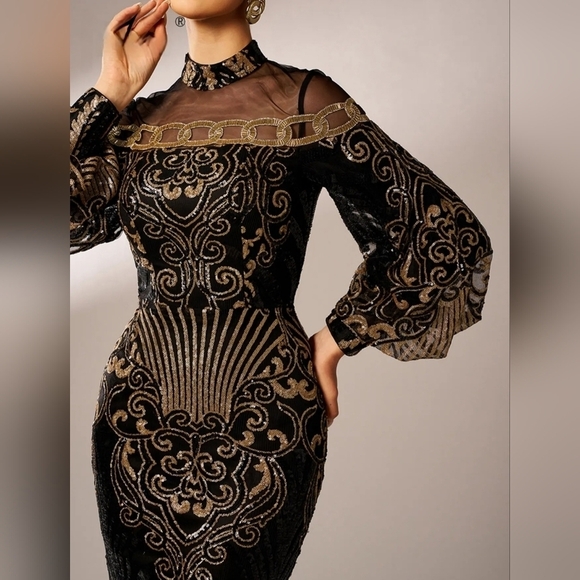 Black Embellished Backless Gown with Bishop Sleeves - Picture 12 of 13